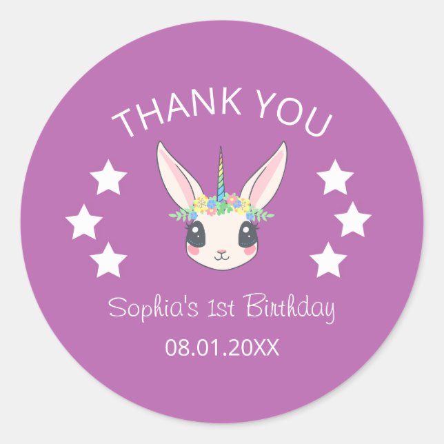 Adesivo Unicorn Cute Pink Thank You Birthday  (Frente)
