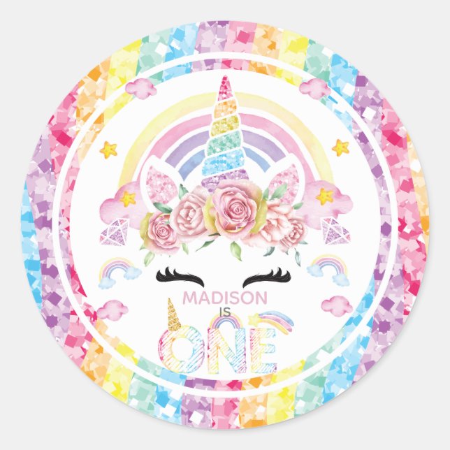 Adesivo Unicorn Rainbow Personalizado Primeiro Aniversário (Frente)