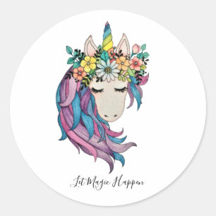 Adesivo Unicórnio Com Flores Selvagens Em Aquarela