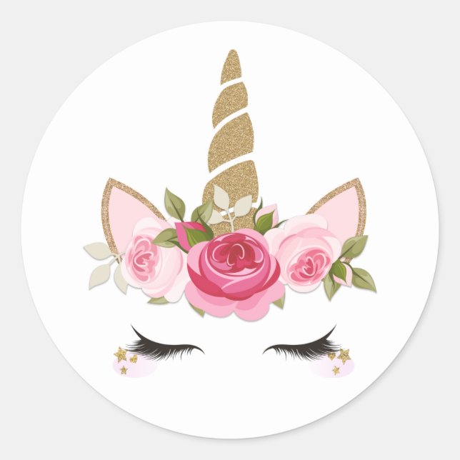 Adesivo Unicórnio Dourado Floral Rosa Fofo Clássico Redond (Frente)