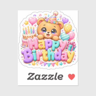 Adesivo Ursa de pelúcia fofa Kawaii Feliz Aniversário Rosa