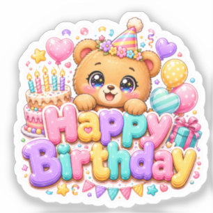 Adesivo Ursa de pelúcia fofa Kawaii Feliz Aniversário Rosa