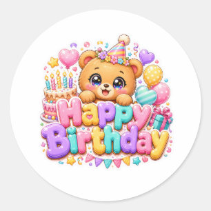 Adesivo Ursa de pelúcia fofa Kawaii Feliz Aniversário Rosa