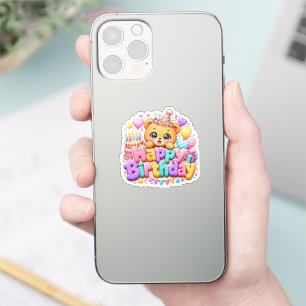 Adesivo Ursa de pelúcia fofa Kawaii Feliz Aniversário Rosa
