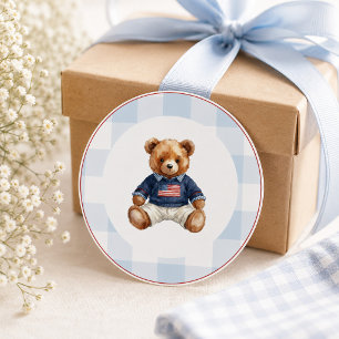Adesivo Ursa de pelúcia Preppy Americana Xadrez Azul Menin