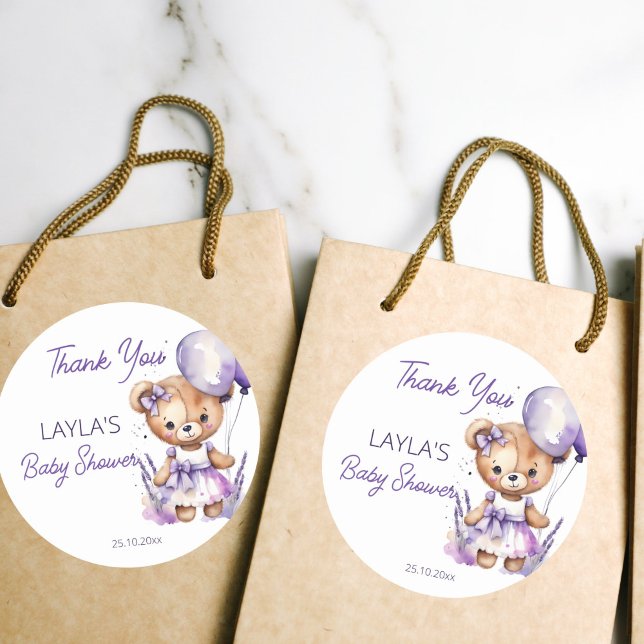 Adesivo Urso chá de fraldas roxo obrigado seu favorito (Beary cute teddy bear baby shower purple balloons teddy bear thank you favor stickers cute lavander)