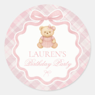 Adesivo Urso de Aniversário com Laço Coquete Rosa Selo de