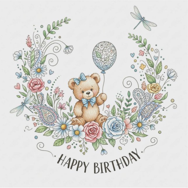 Adesivo urso de aniversário floral boho (Frente)