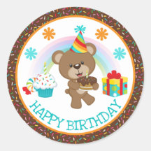 Urso de aniversário fofo & Arco-íris & Bolo