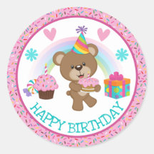 Urso de Aniversário Fofo & Arco-íris & Bolo
