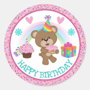 Adesivo Urso de Aniversário Fofo & Arco-íris & Bolo