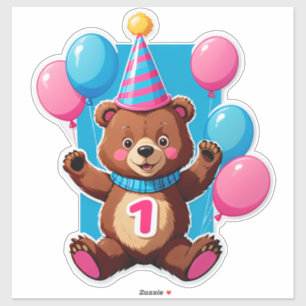 Adesivo Urso de Aniversário Fofo Com Chapéu de Festa e Bal