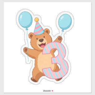 Adesivo Urso de aniversário fofo com chapéu de festa e bal