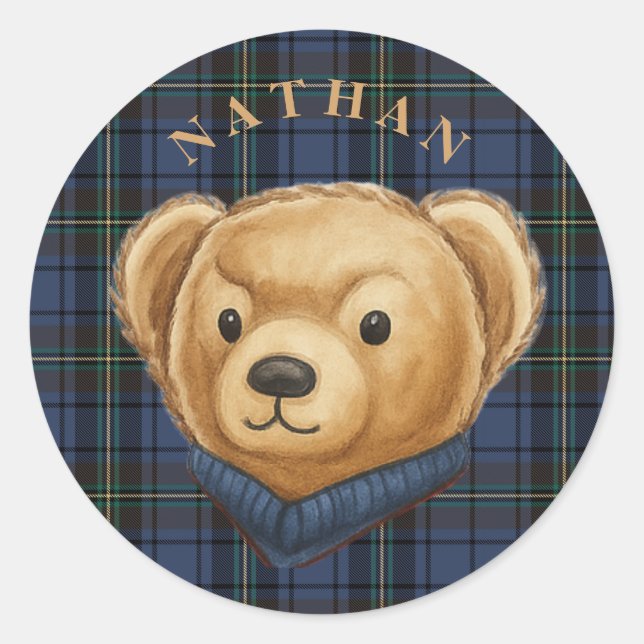 Adesivo Urso de Cabeça de Luxo Plaid Preppy (Frente)