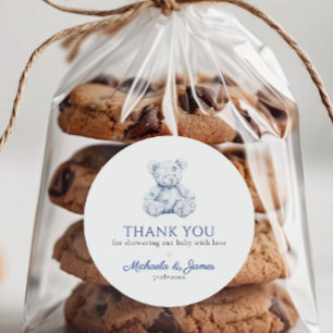 Adesivo Urso de Pelúcia Blue Toile Favor para Chá de Bebê