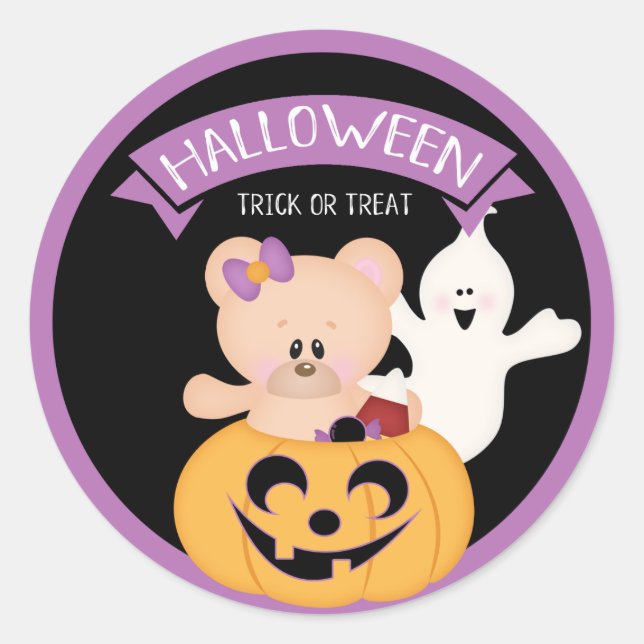 Adesivo Urso de pelúcia da menina do Halloween na abóbora (Frente)