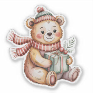 Adesivo Urso de pelúcia de Natal fofo segurando presente e