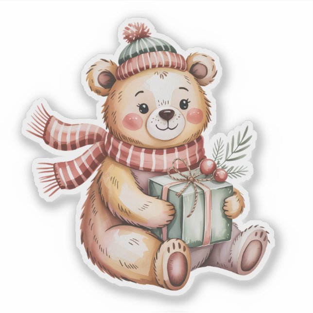 Adesivo Urso de pelúcia de Natal fofo segurando presente e (Frente)