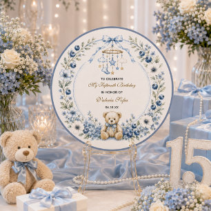 Adesivo Urso de pelúcia floral azul festa de aniversário d