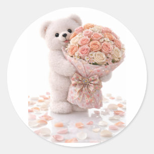 Adesivo Urso de Pelúcia Fofo Segurando um Buquê de Rosas R