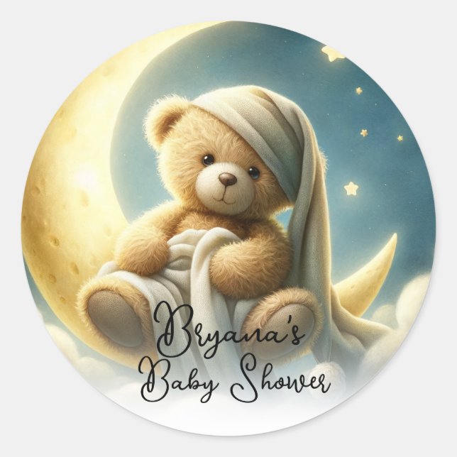 Adesivo Urso de Pelúcia na Lua Luz Estrelas Chás de Bebê (Frente)
