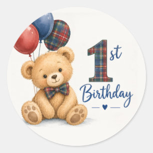 Adesivo Urso de pelúcia xadrez aquarela para 1º aniversári