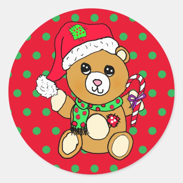 Adesivo Urso de Teddy de Natal bonito com Canas Doces (Frente)