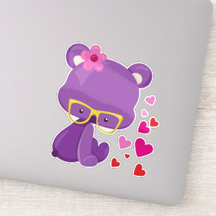 Adesivo Urso dia de os namorados, Urso Roxo, Óculos, Coraç