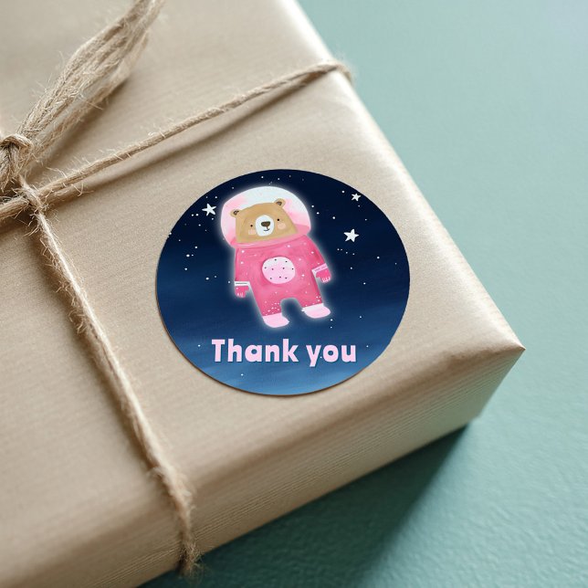 Adesivo Urso Espacial Rosa Obrigado Astronauta (Pink space astronaut teddy bear thank you sticker)