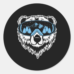 Adesivo Urso Grizzly Óculos de Neve Esquiando Neve Inverno
