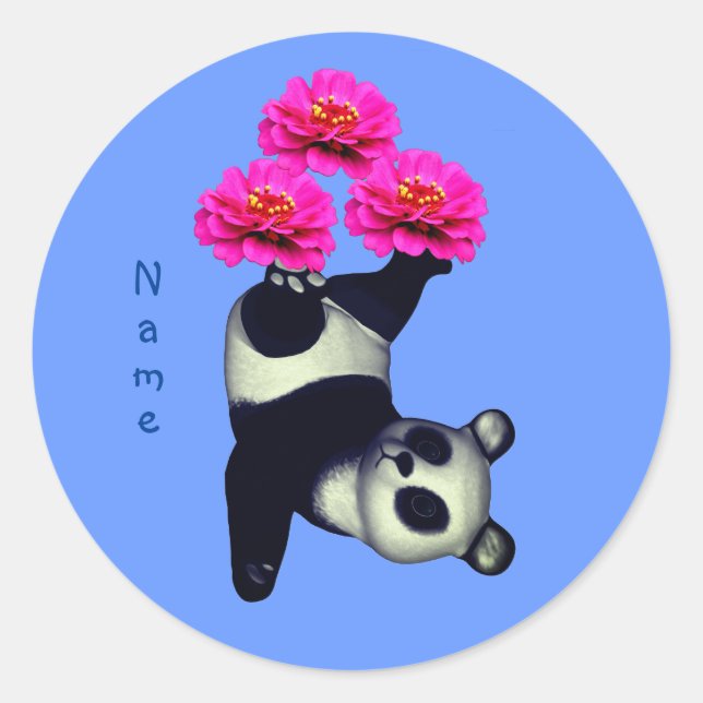 Adesivo Urso-Panda E Flor Zinnia Rosa Personalizados (Frente)