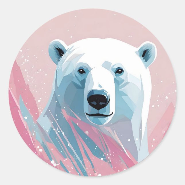 Adesivo Urso polar branco, rosa, fundo azul. (Frente)
