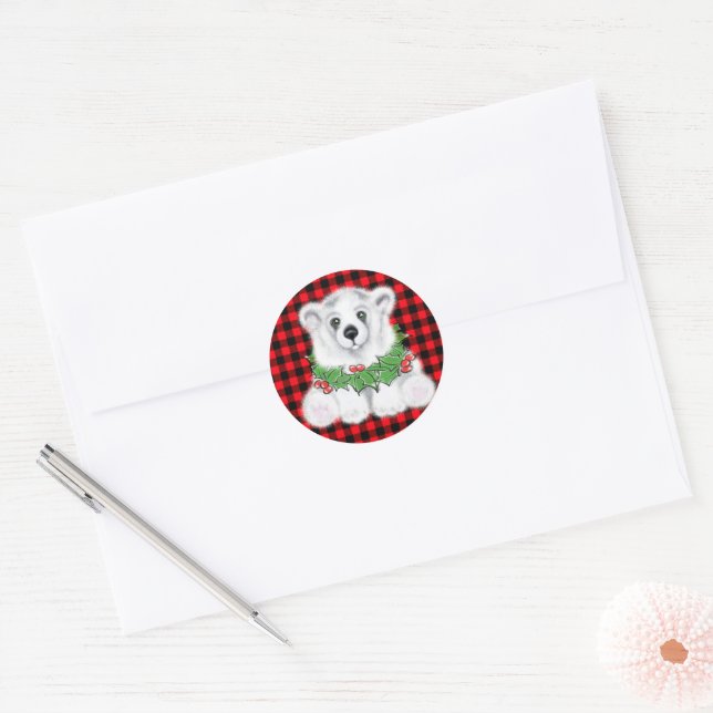 Adesivo Urso polar de Natal bonito Holly estava xadrez ver (Envelope)