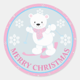 Adesivo Urso Polar Fofo e Flocos de Neve Natal Rosa