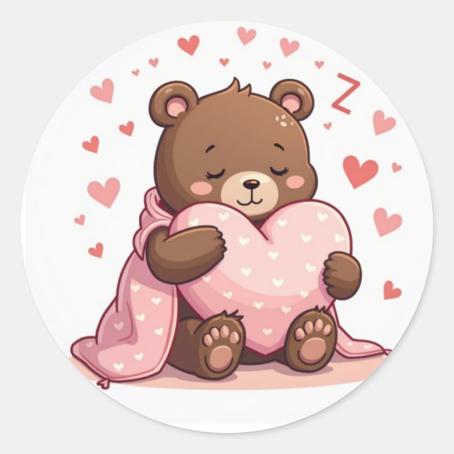Adesivo Urso Sonolento Cozy com Travesseiro Cardíaco Kawai (Frente)