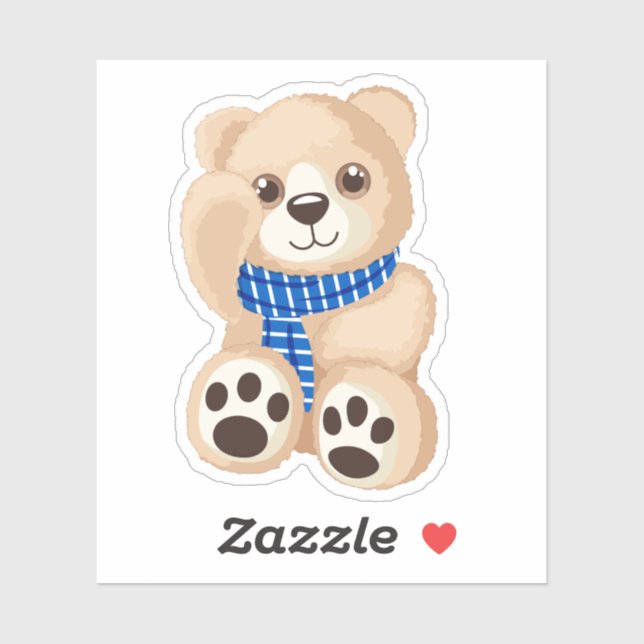 Adesivo Urso Teddy Ondulante Fofo com Cachecol Xadrez Azul (Folha)