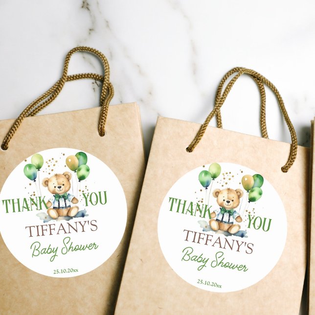 Adesivo Urso verde-chá de fraldas do ursinho verde (Bearly wait teddy bear baby shower green balloons thank you favor stickers cute teddy green balloons)