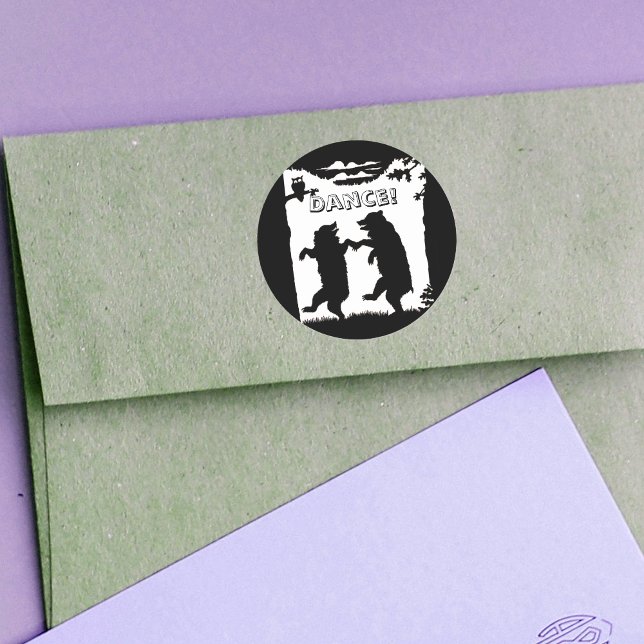 Adesivo Ursos Dançantes Silhueta Preta (Two dancing black bears under trees in grass owl on black and white round stickers.)