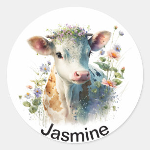 Adesivo Vaca branca com o seu nome Clássica floral