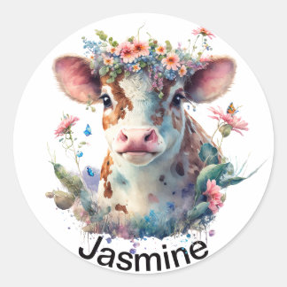 Adesivo Vaca branca com o seu nome, cor d'água floral