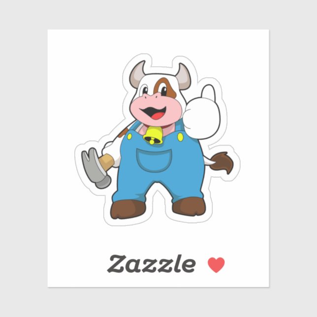 Adesivo Vaca como artesão com martelo (Folha)