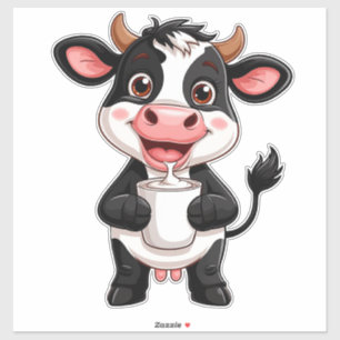 Adesivo Vaca de desenho animado alegre bebendo leite