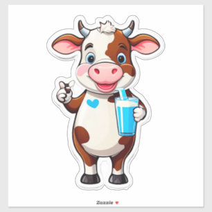 Adesivo Vaca de desenho animado feliz com copo de milkshak