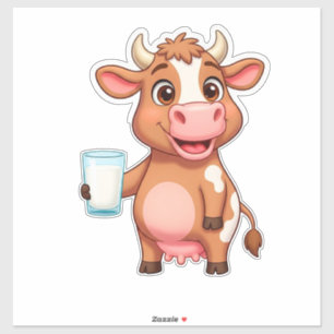 Adesivo Vaca de desenho animado feliz com copo de milkshak