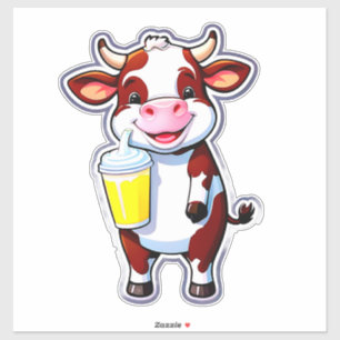 Adesivo Vaca de desenho animado feliz com copo de milkshak