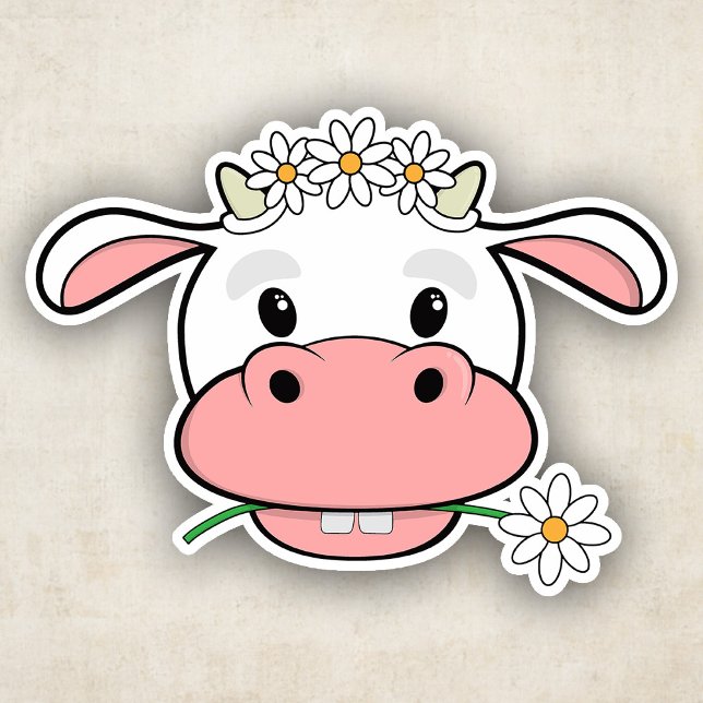 Adesivo Vaca de desenho animado fofa mascando uma margarid (Criador carregado)