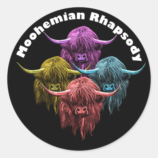 Adesivo Vaca de Highland escocesa. Moohemian Rhapsody (Frente)