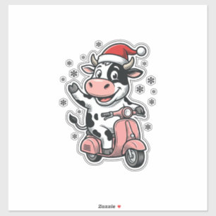 Adesivo Vaca de Natal Andando de Scooter Rosa Vetor Vintag