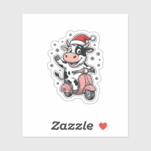 Adesivo Vaca de Natal Andando de Scooter Rosa Vetor Vintag