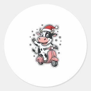 Adesivo Vaca de Natal Andando de Scooter Rosa Vetor Vintag